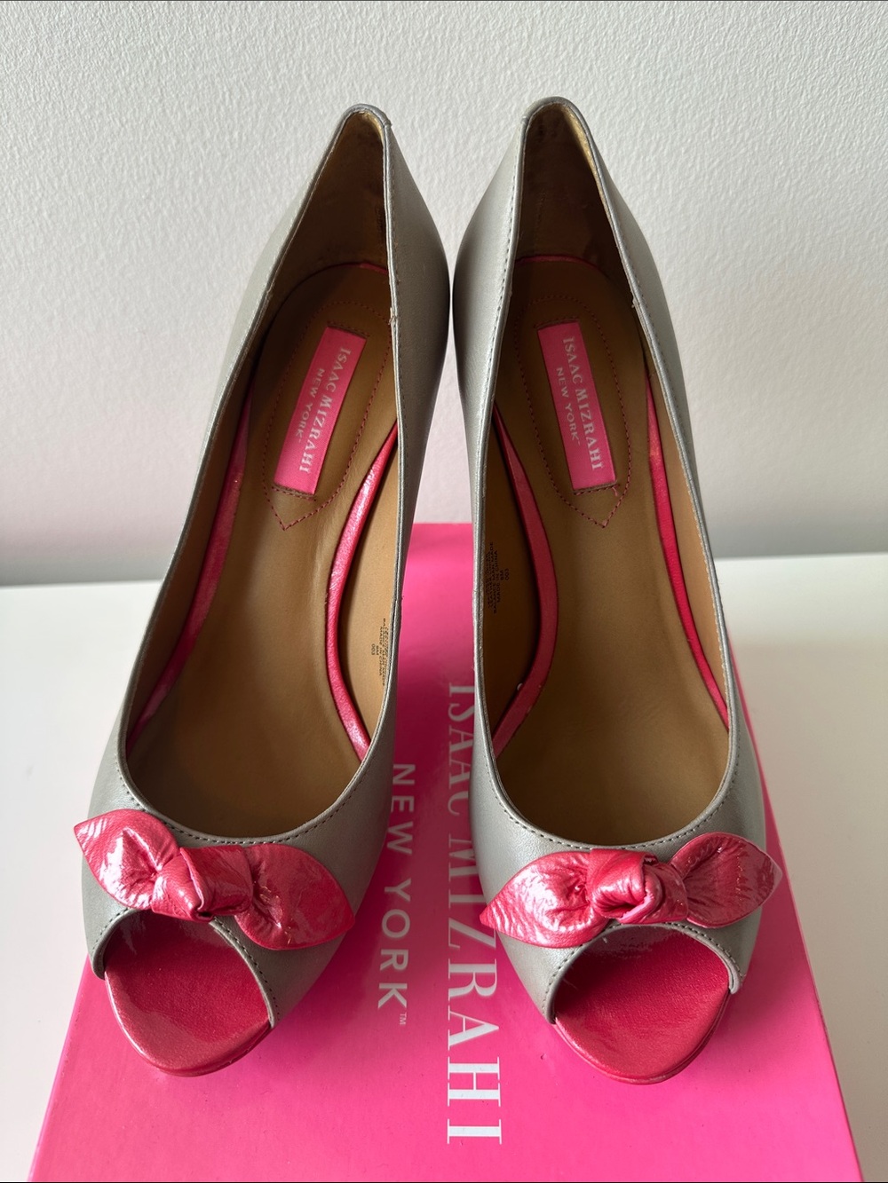 Isaac Mizrahi Silver Peep-Toe Heels with Pink Bow Accents